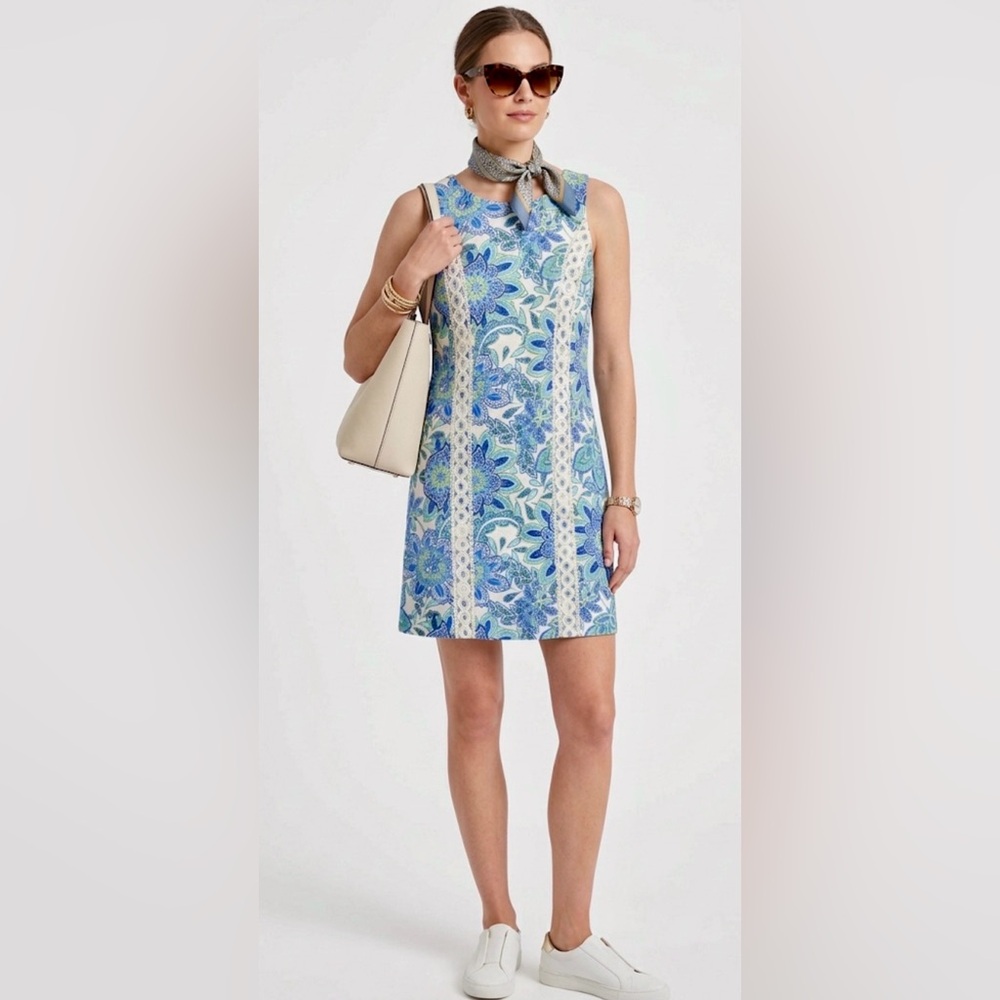 Eliza J Blue Green Floral Paisley Lace Trim Shift Dress EJ4-2954 Size 10